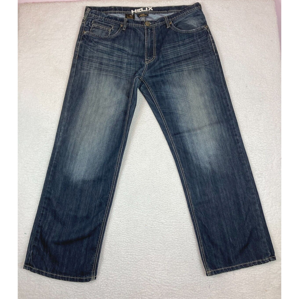 Helix Jeans Men's 38 X 32 Loose Straight Cut  Dark Wash Blue Denim Bike‎ Grunge